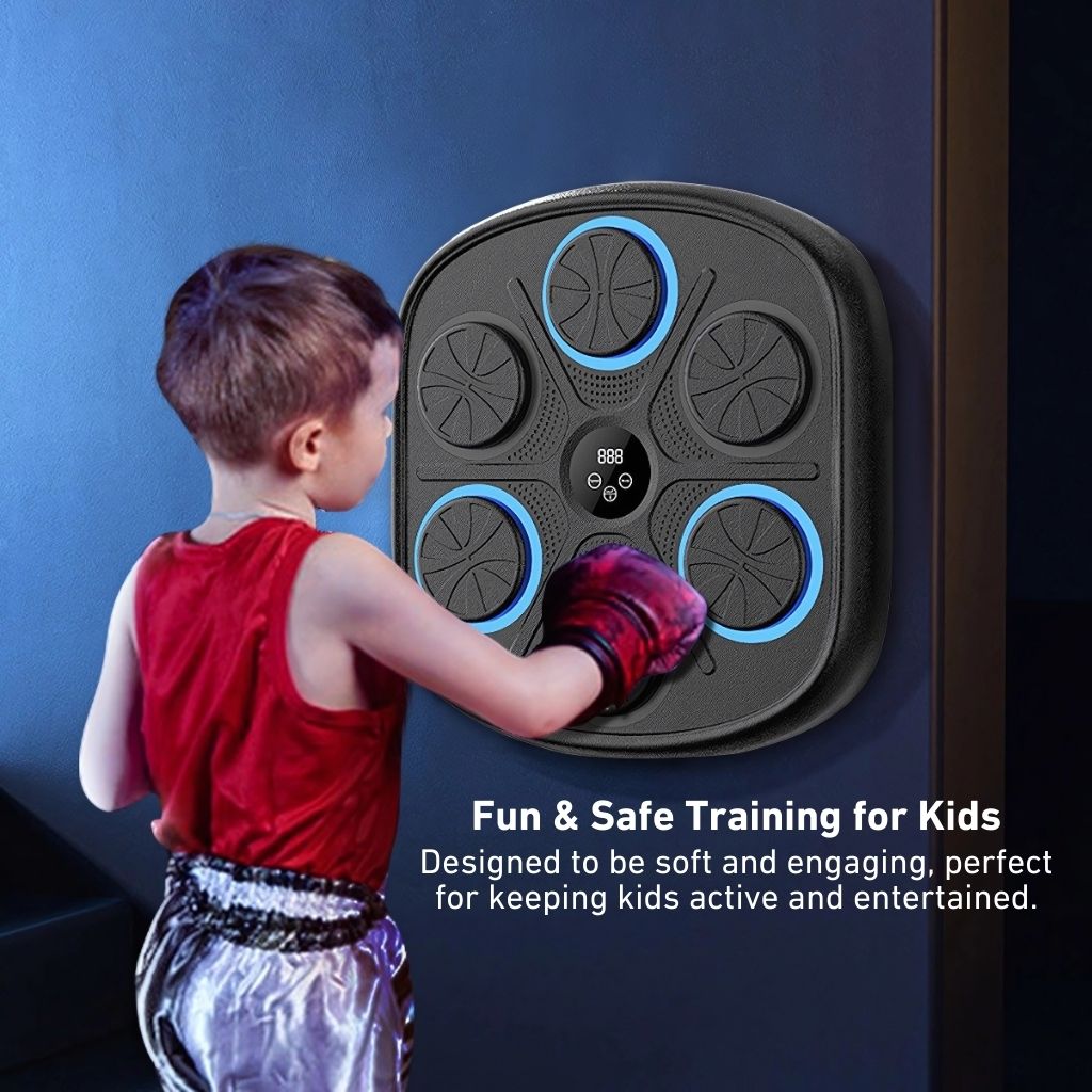 "Interactive music boxing trainer with digital display and smartphone connectivity, front view in a home gym setting."