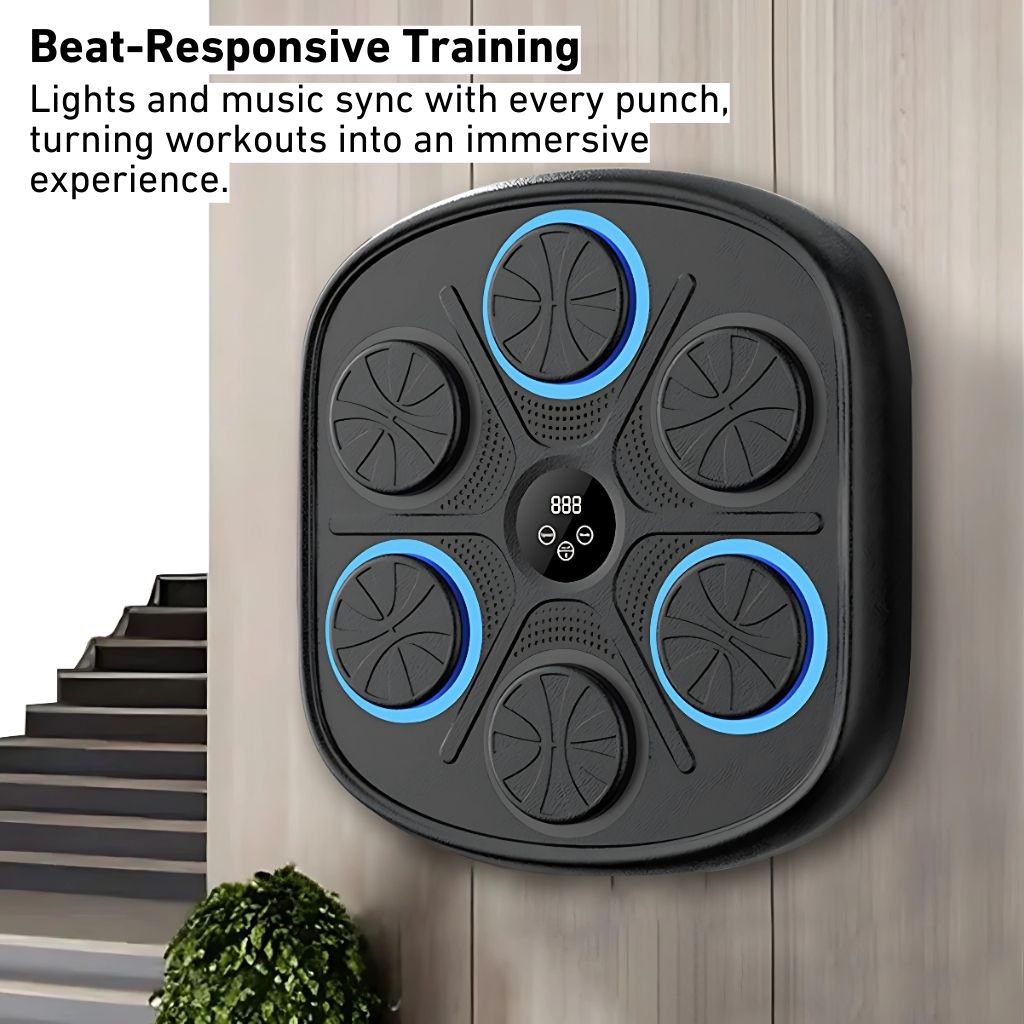 "Interactive music boxing trainer with digital display and smartphone connectivity, front view in a home gym setting."