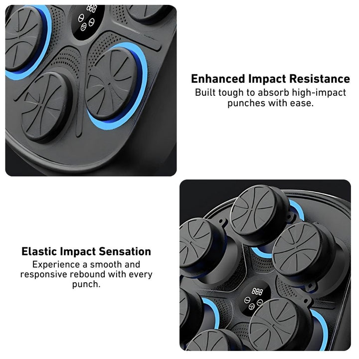 "Interactive music boxing trainer with digital display and smartphone connectivity, front view in a home gym setting."