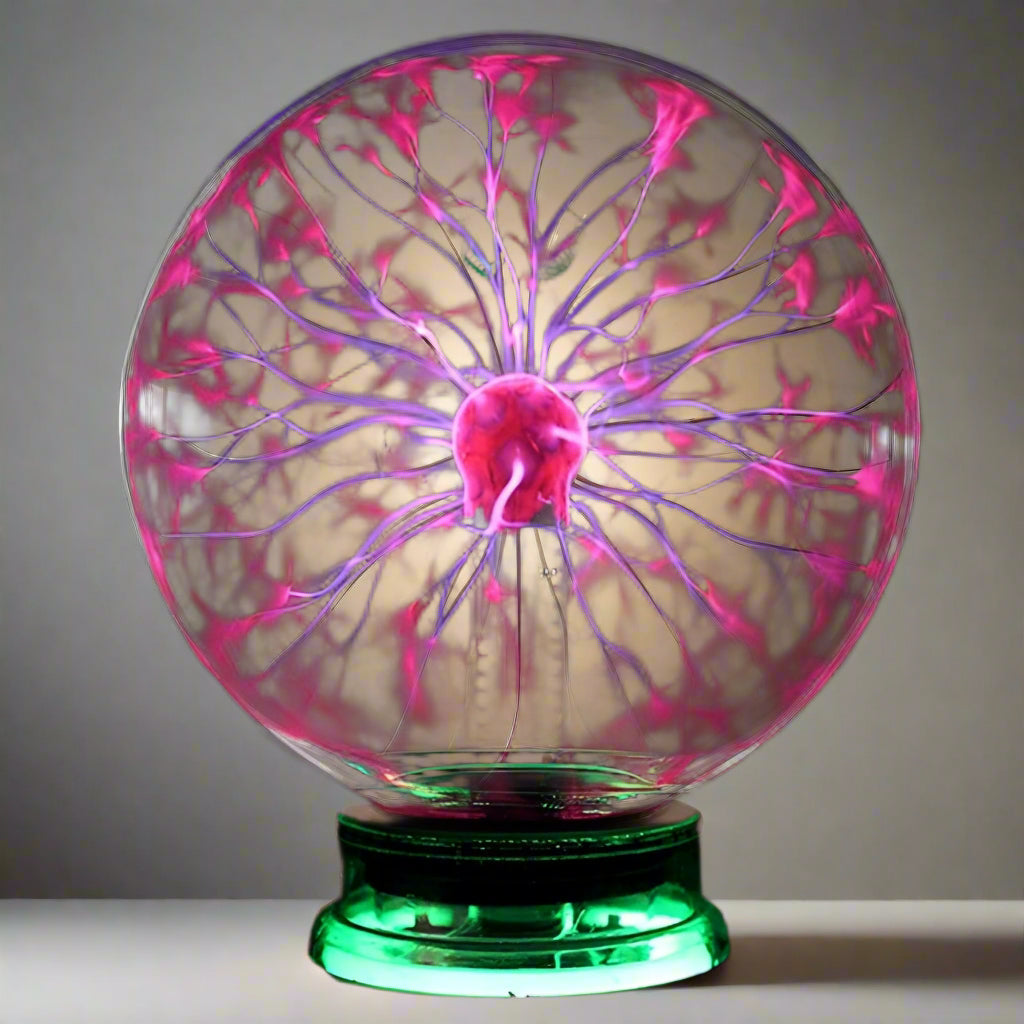 "Interactive plasma globe light with vibrant touch-activated plasma arcs, enhancing home decor with elegant glass design."