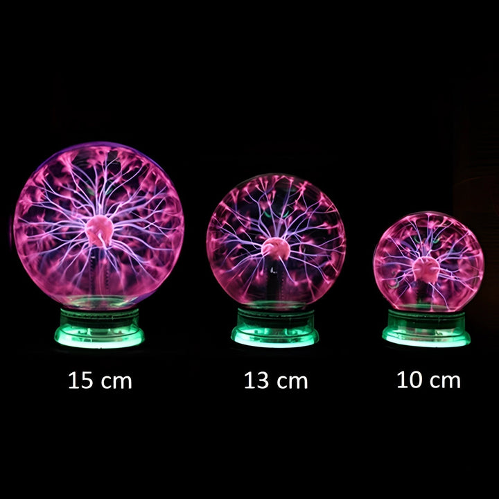 "Interactive plasma globe light with vibrant touch-activated plasma arcs, enhancing home decor with elegant glass design."