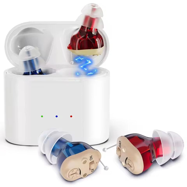 "Invisible rechargeable digital hearing aids, sleek blue design, fits snugly in ear canal for discreet sound amplification."