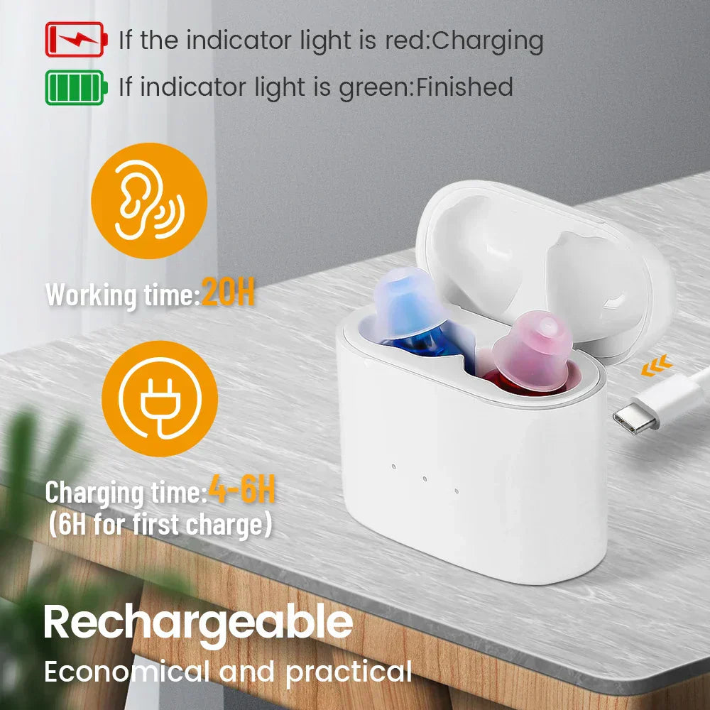 "Invisible rechargeable hearing aids for men and women; flesh-toned, discreet fit in ear canal; enhances hearing clarity."