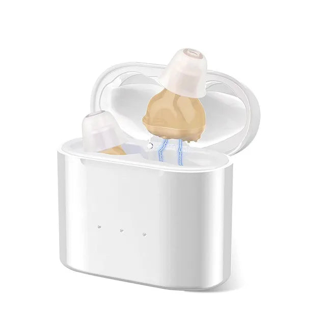 "Invisible rechargeable hearing aids for men and women; flesh-toned, discreet fit in ear canal; enhances hearing clarity."
