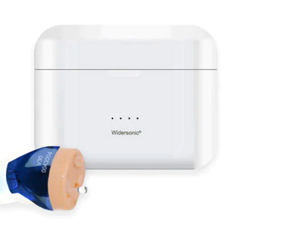 "Invisible rechargeable hearing aids for men and women; flesh-toned, discreet fit in ear canal; enhances hearing clarity."
