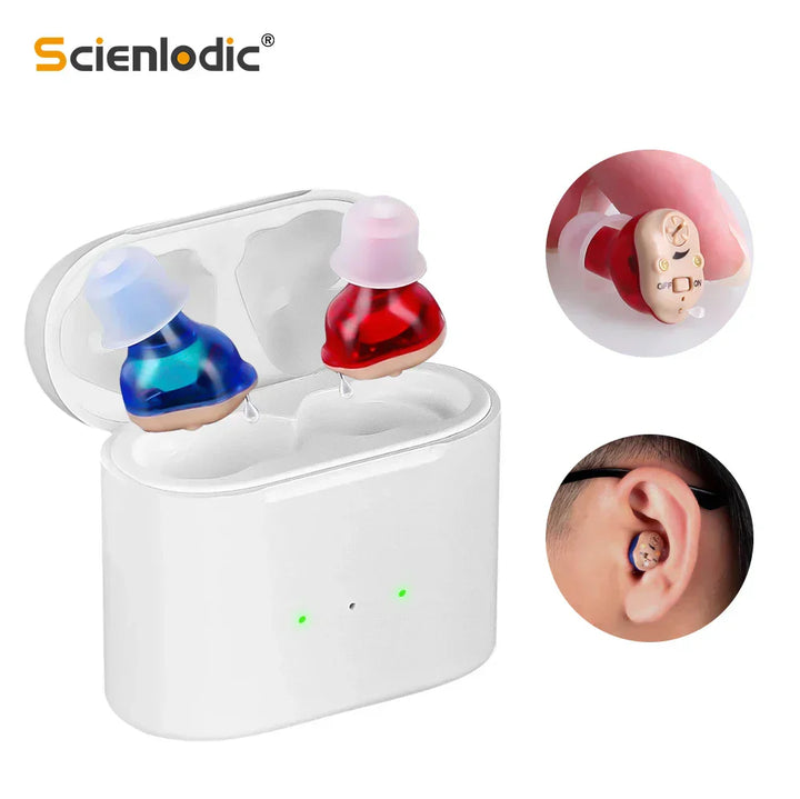 "Invisible rechargeable hearing aids for men and women; flesh-toned, discreet fit in ear canal; enhances hearing clarity."
