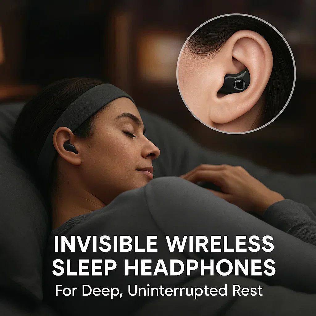 Invisible wireless sleep headphones, ergonomic fit for side sleepers, Bluetooth 5.3, IPX5 waterproof, lightweight design.