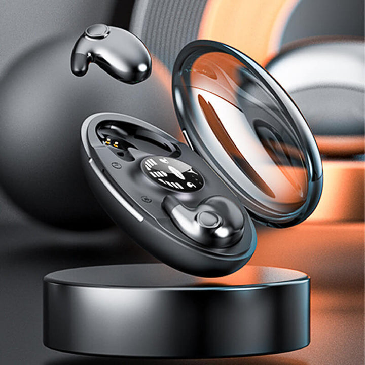 "Invisible wireless sleep headphones; ultra-light earbuds, ergonomic design, side sleeper comfort, dual noise cancellation."