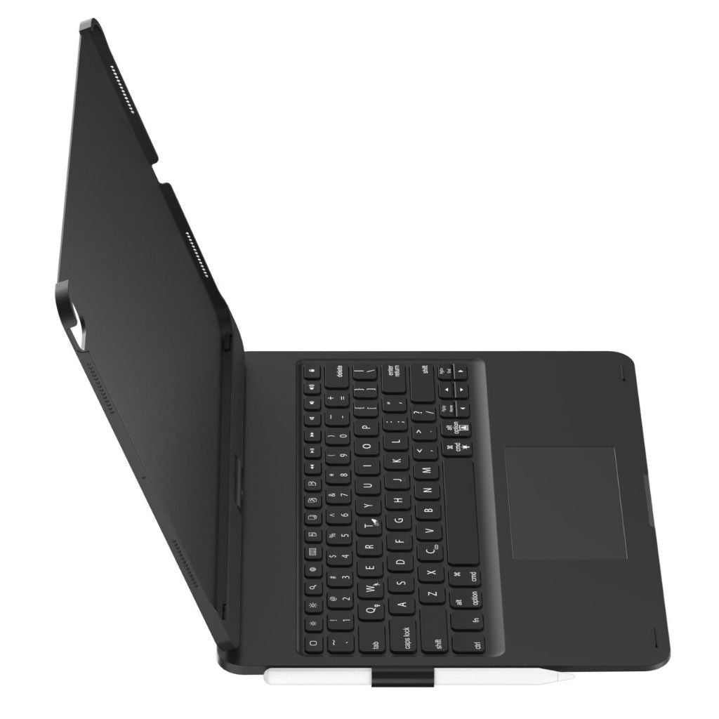 iPad Keyboard Case with backlit keys and trackpad, sleek design, drop-resistant shell, enhances functionality and protection.