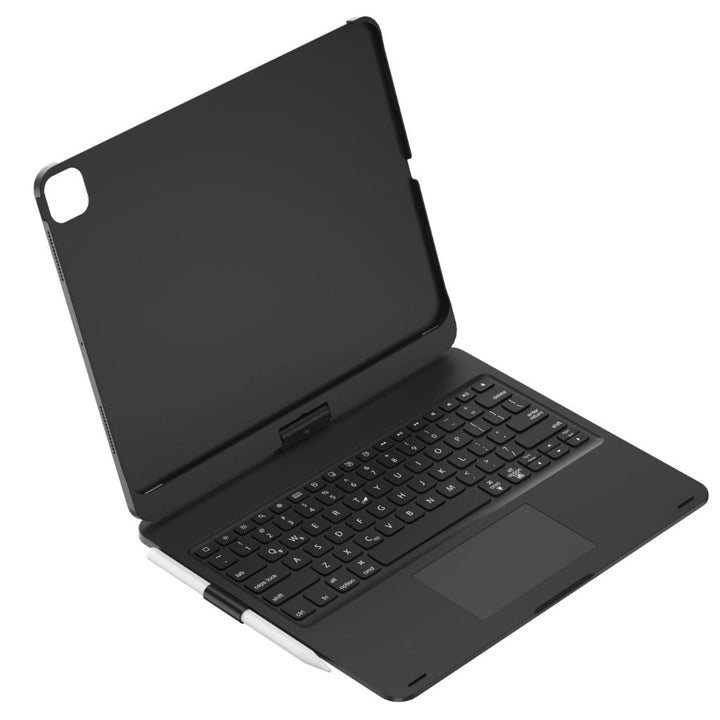 iPad Keyboard Case with backlit keys and trackpad, sleek design, drop-resistant shell, enhances functionality and protection.