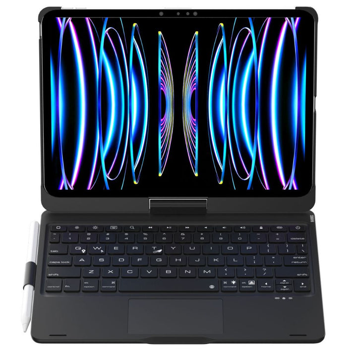 iPad Keyboard Case with backlit keys and trackpad, sleek design, drop-resistant shell, enhances functionality and protection.