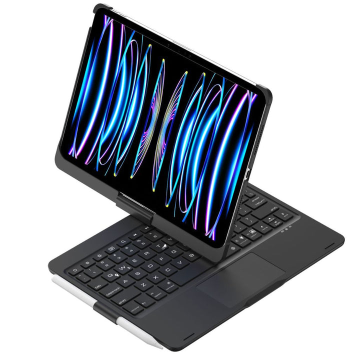 iPad Keyboard Case with backlit keys and trackpad, sleek design, drop-resistant shell, enhances functionality and protection.