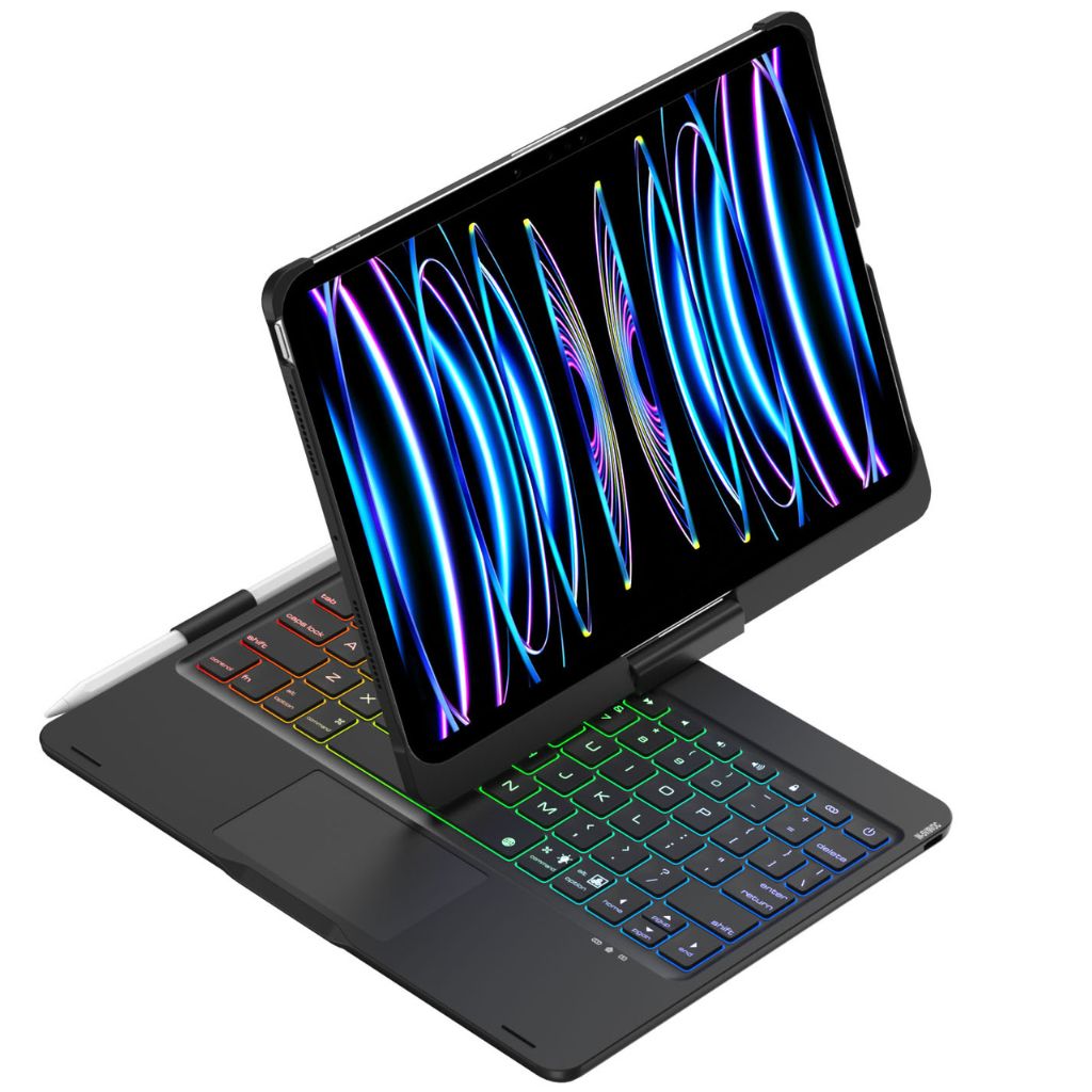 iPad Keyboard Case with backlit keys and trackpad, sleek design, drop-resistant shell, enhances functionality and protection.