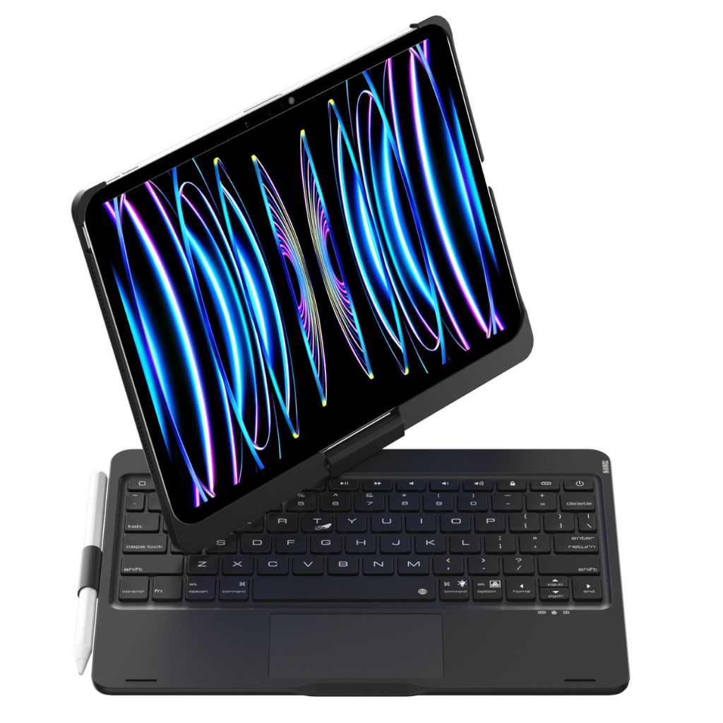 iPad Keyboard Case with backlit keys and trackpad, sleek design, drop-resistant shell, enhances functionality and protection.