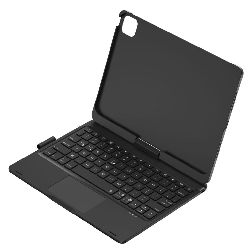 iPad Keyboard Case with backlit keys and trackpad, sleek design, drop-resistant shell, enhances functionality and protection.