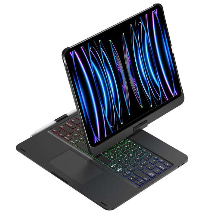 iPad Keyboard Case with backlit keys and trackpad, sleek design, drop-resistant shell, enhances functionality and protection.