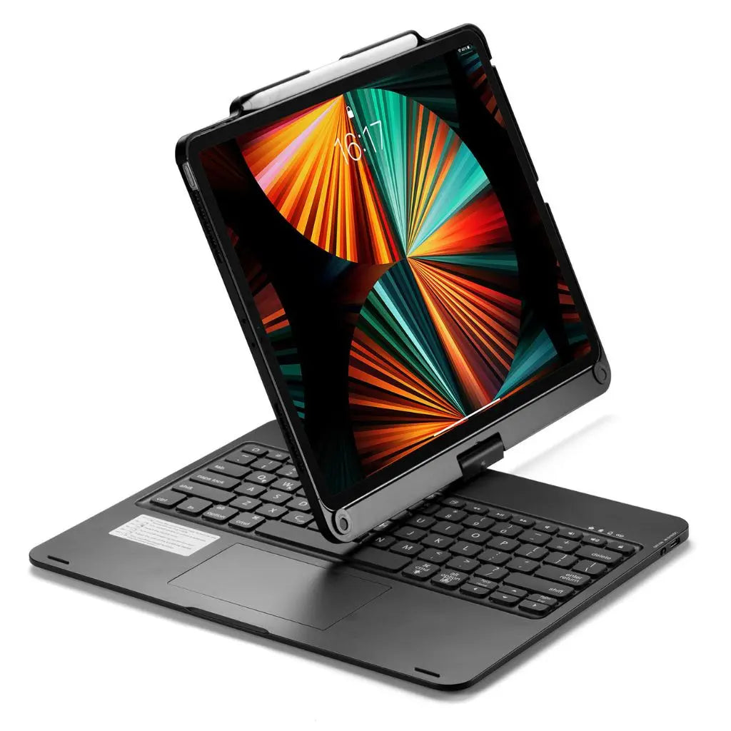 iPad Keyboard Case with backlit keys and trackpad, sleek design, drop-resistant shell, enhances functionality and protection.