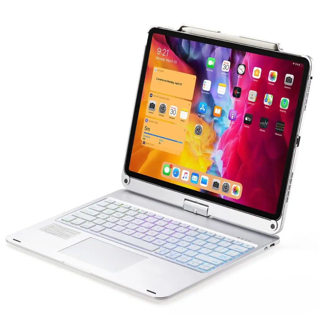 iPad Keyboard Case with backlit keys and trackpad, sleek design, drop-resistant shell, enhances functionality and protection.