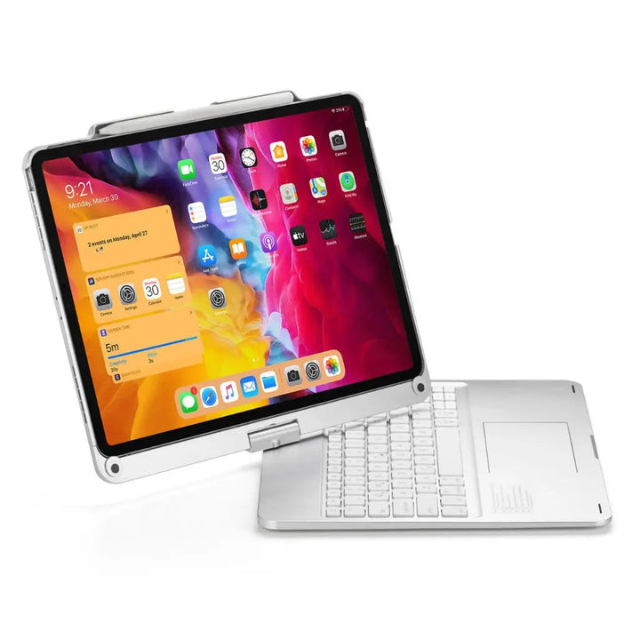 iPad Keyboard Case with backlit keys and trackpad, sleek design, drop-resistant shell, enhances functionality and protection.