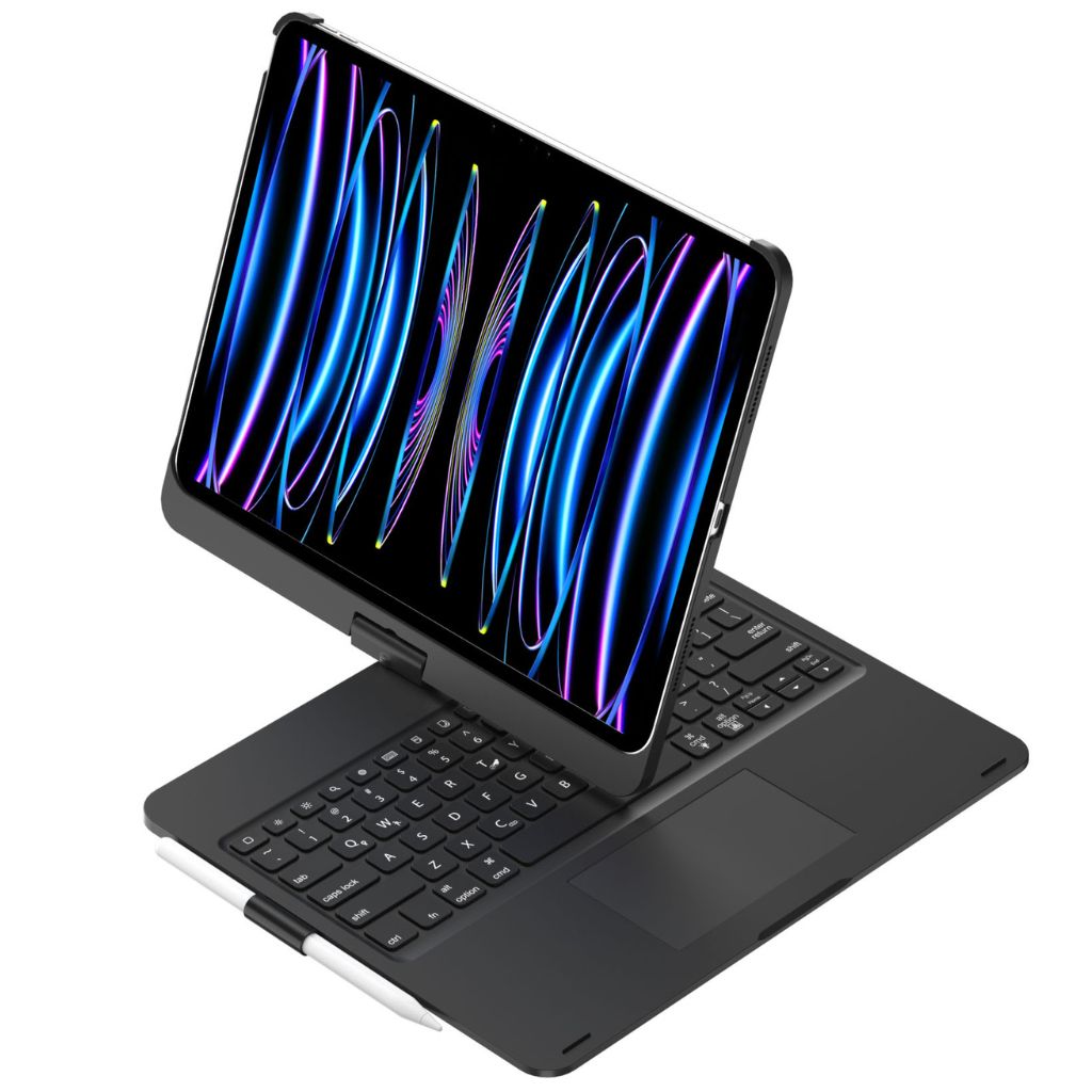 iPad Keyboard Case with backlit keys and trackpad, sleek design, drop-resistant shell, enhances functionality and protection.