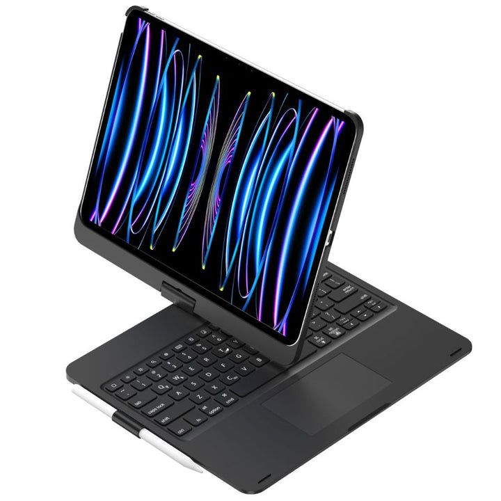 iPad Keyboard Case with backlit keys and trackpad, sleek design, drop-resistant shell, enhances functionality and protection.