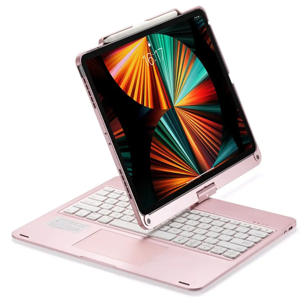 iPad Keyboard Case with backlit keys and trackpad, sleek design, drop-resistant shell, enhances functionality and protection.