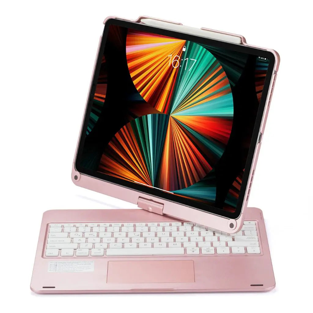 iPad Keyboard Case with backlit keys and trackpad, sleek design, drop-resistant shell, enhances functionality and protection.