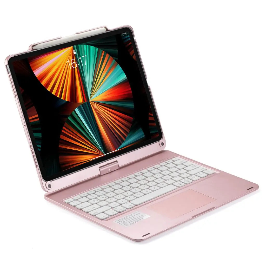 iPad Keyboard Case with backlit keys and trackpad, sleek design, drop-resistant shell, enhances functionality and protection.