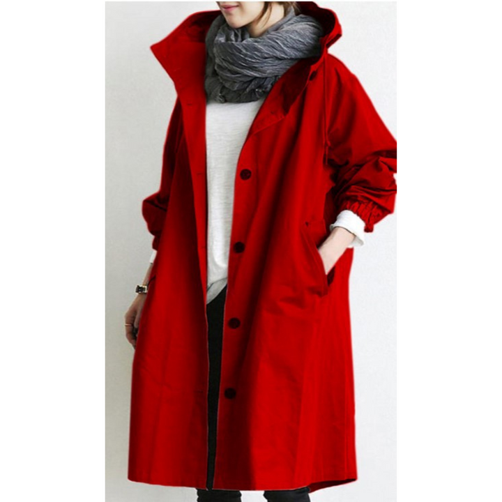 Chic women's outerwear: a long hooded trench coat, perfect for stylish autumn and winter protection.