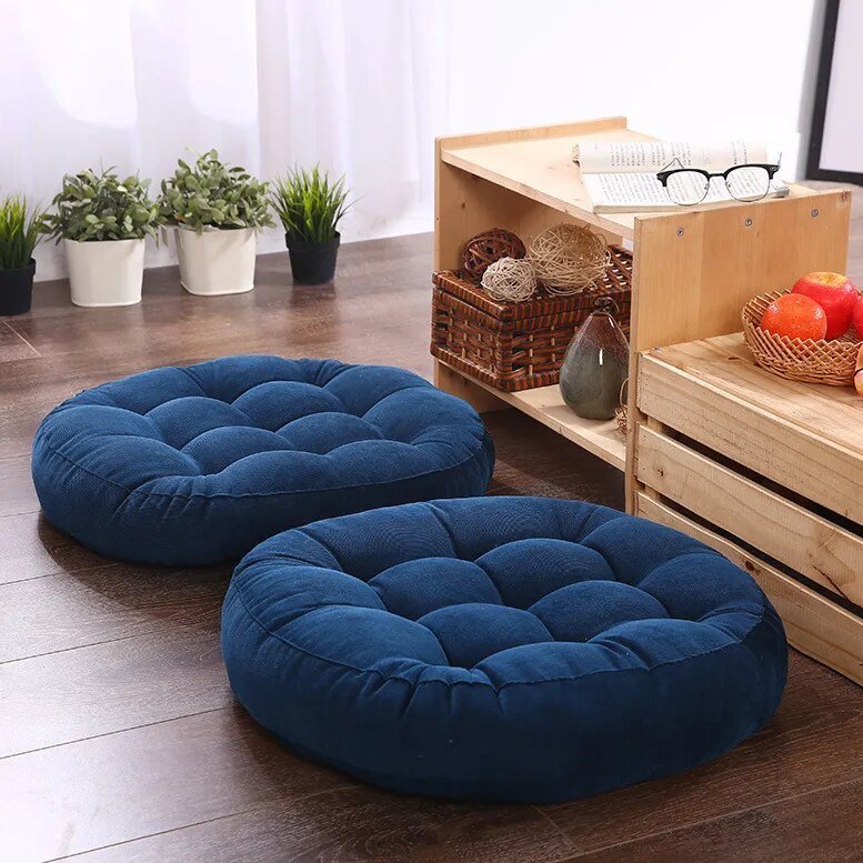 "Japanese Futon Floor Cushion with thick PU foam in chic grey, ideal for meditation or relaxing, shown on wood floor."