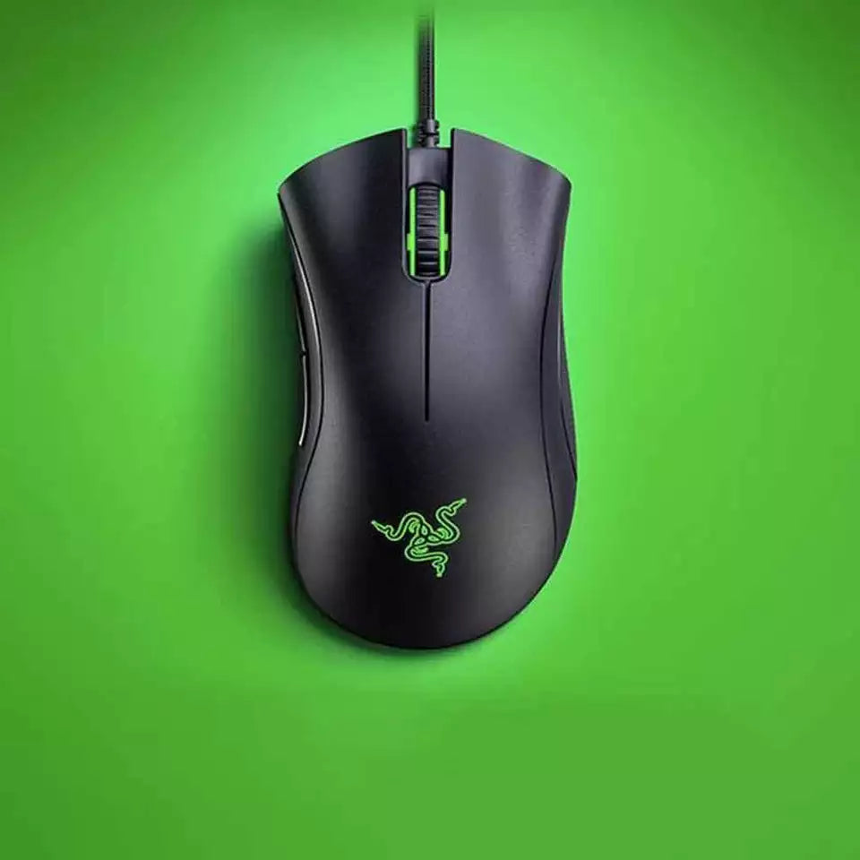 "Jet Black ergonomic optical gaming mouse with contoured design, precision 6,400 DPI sensor, and responsive buttons for gamer