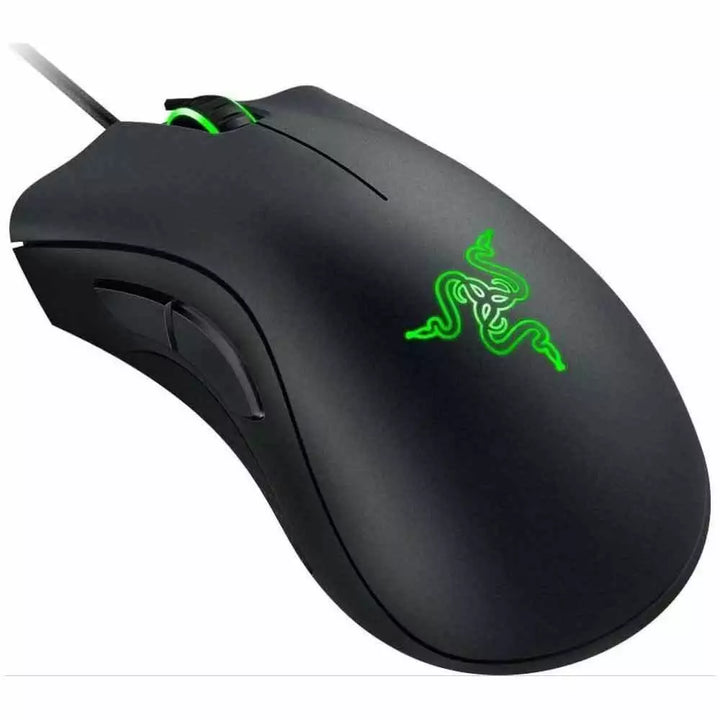 "Jet Black ergonomic optical gaming mouse with contoured design, precision 6,400 DPI sensor, and responsive buttons for gamer