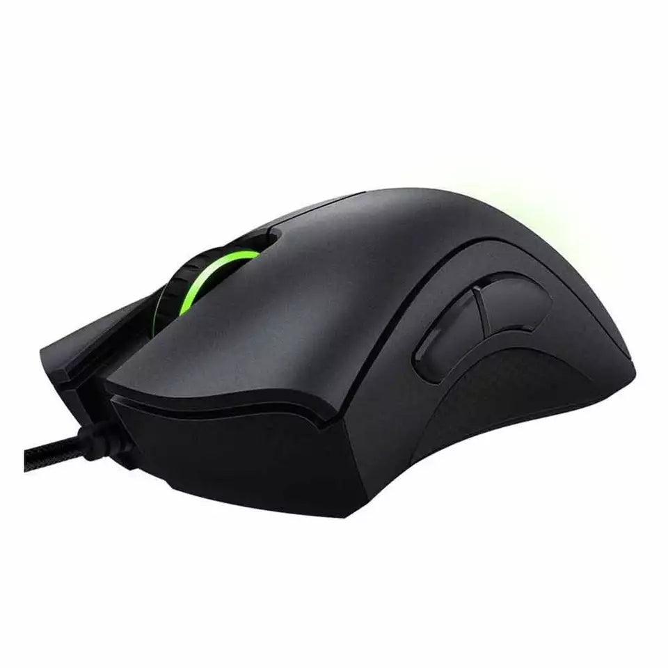 "Jet Black ergonomic optical gaming mouse with contoured design, precision 6,400 DPI sensor, and responsive buttons for gamer