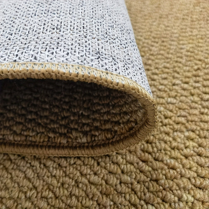 "Jute-look soft, absorbent door mat for indoor/outdoor use; stylish, traps dirt, moisture; durable, non-slip backing."
