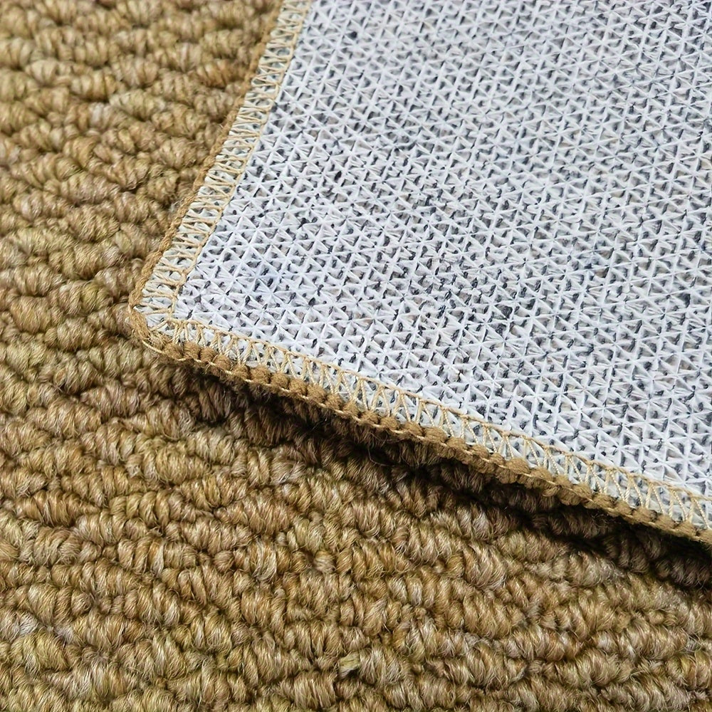 "Jute-look soft, absorbent door mat for indoor/outdoor use; stylish, traps dirt, moisture; durable, non-slip backing."