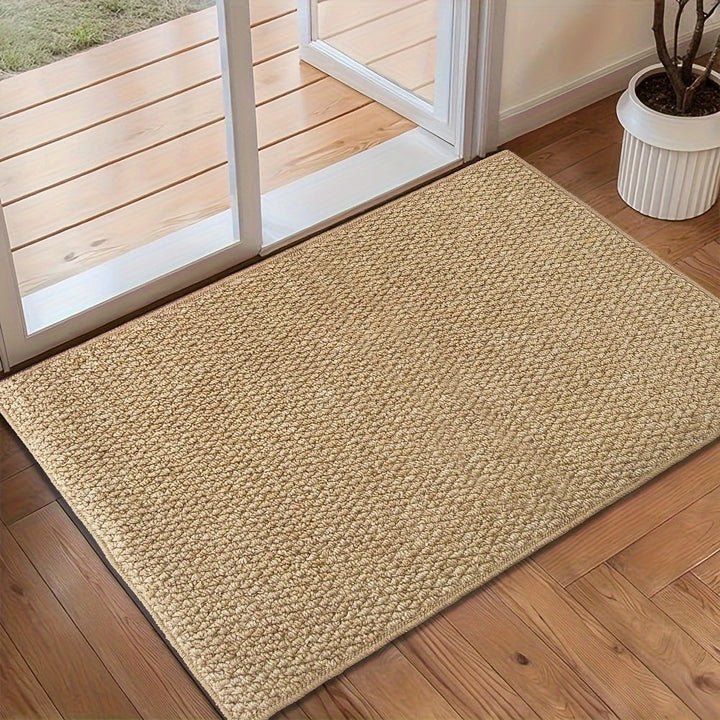 "Jute-look soft, absorbent door mat for indoor/outdoor use; stylish, traps dirt, moisture; durable, non-slip backing."