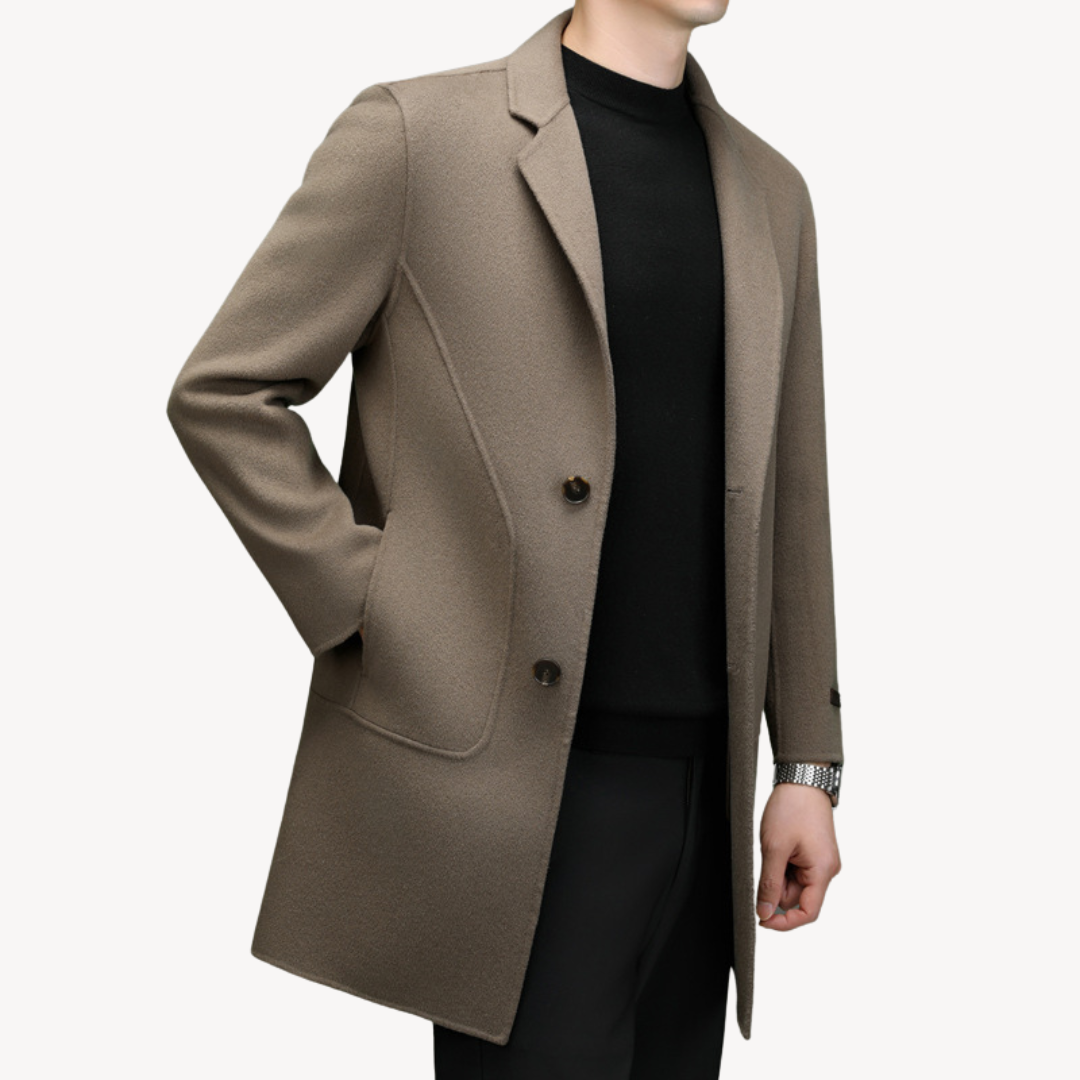 "Khaki men's wool blend overcoat, single-breasted, two-button style, tailored fit, perfect for winter warmth and elegance."