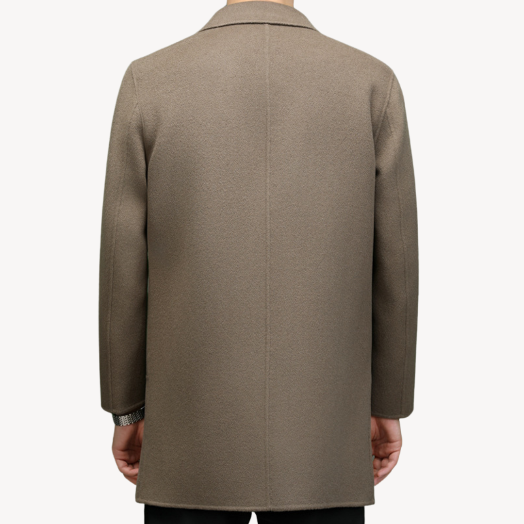 "Khaki men's wool blend overcoat, single-breasted, two-button style, tailored fit, perfect for winter warmth and elegance."