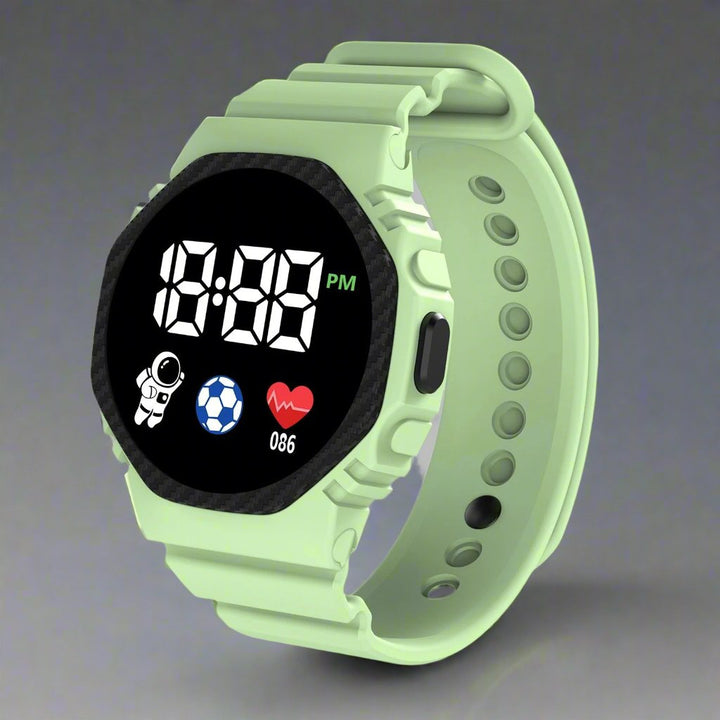 Easy-read digital sports watch for kids, helps boys & girls learn time during play.