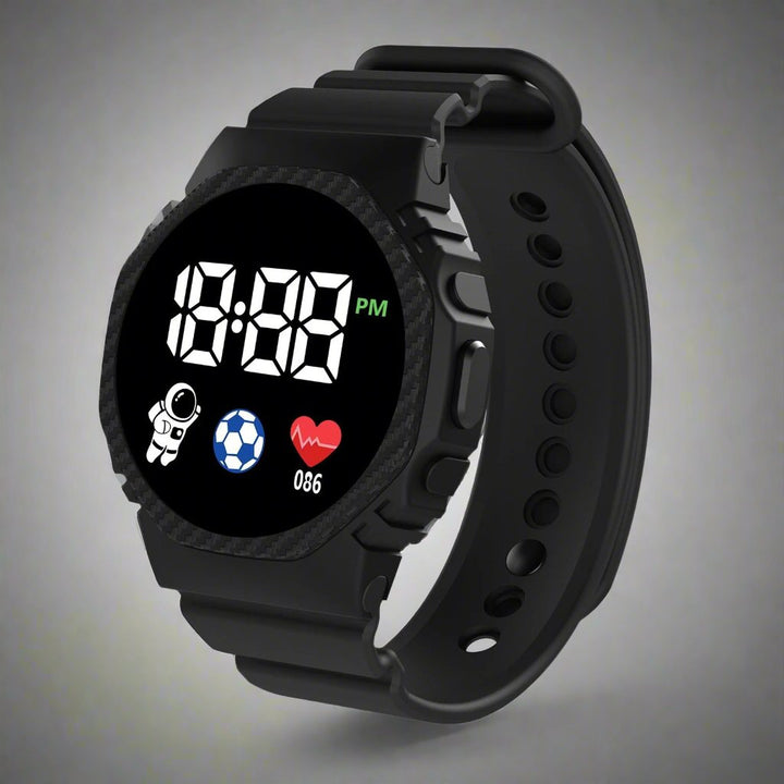 Close-up of kid's digital sports watch with clear display, durable strap & waterproof design.