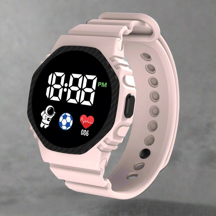 Active kid wearing a waterproof digital sports watch, ready for outdoor adventures & play.