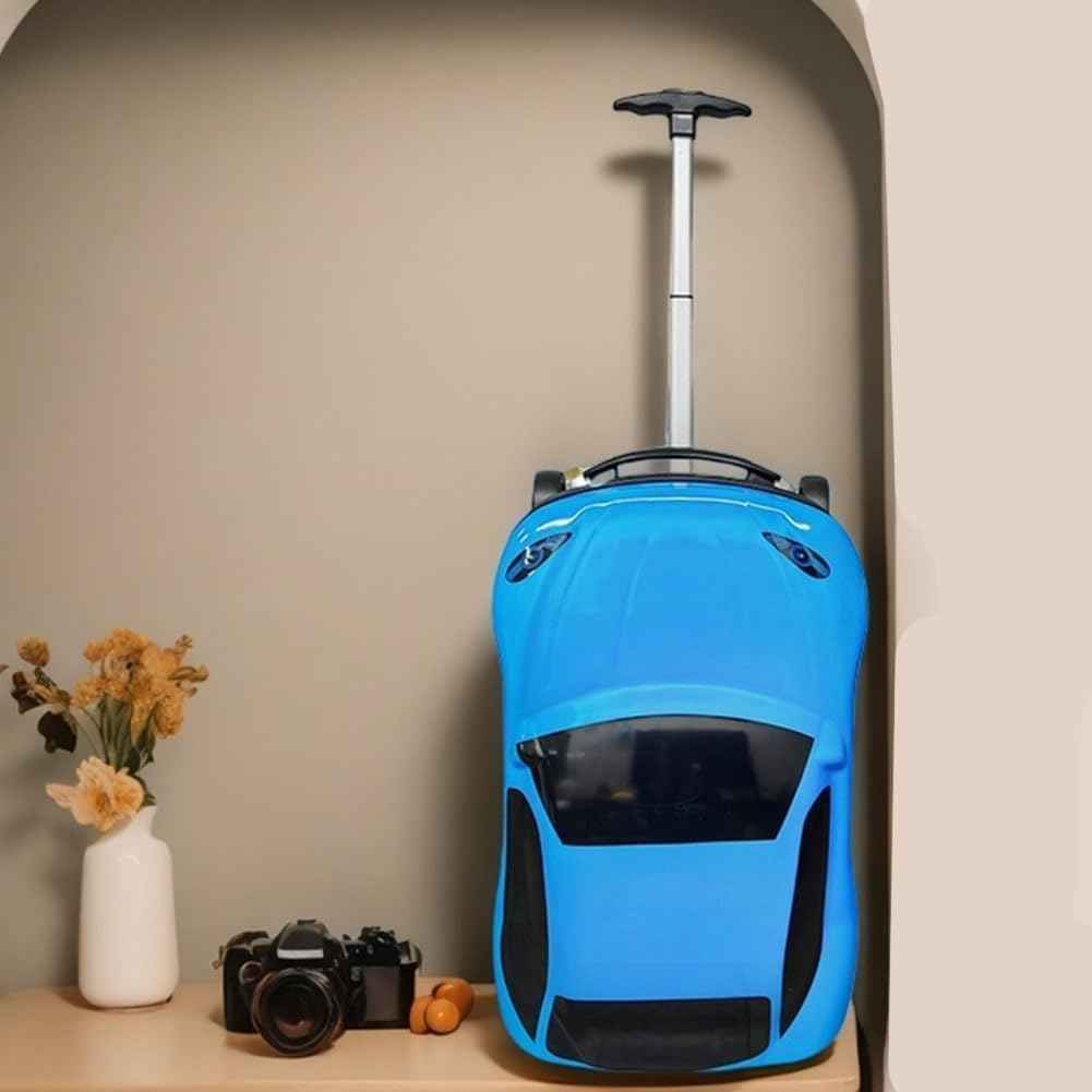Stylish 18-inch car design pull-along suitcase for kids, a durable wheeled travel bag with telescopic handle.