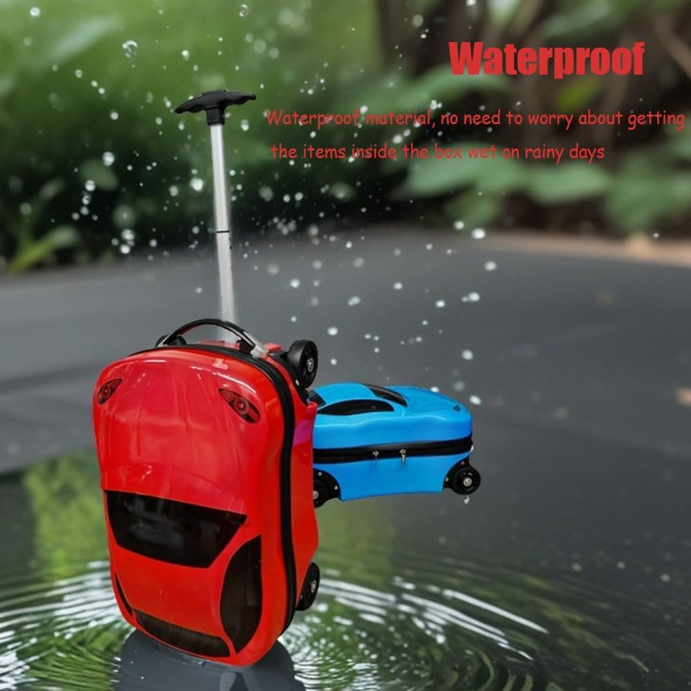 Durable 18-inch car design kids' pull-along suitcase with wheels & telescopic handle for easy travel.