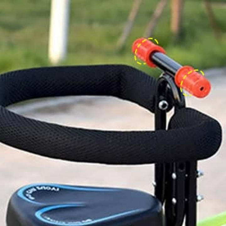 "Kids child bike seat in vibrant red and black with safety harness and padded seat, designed for adult bicycles."