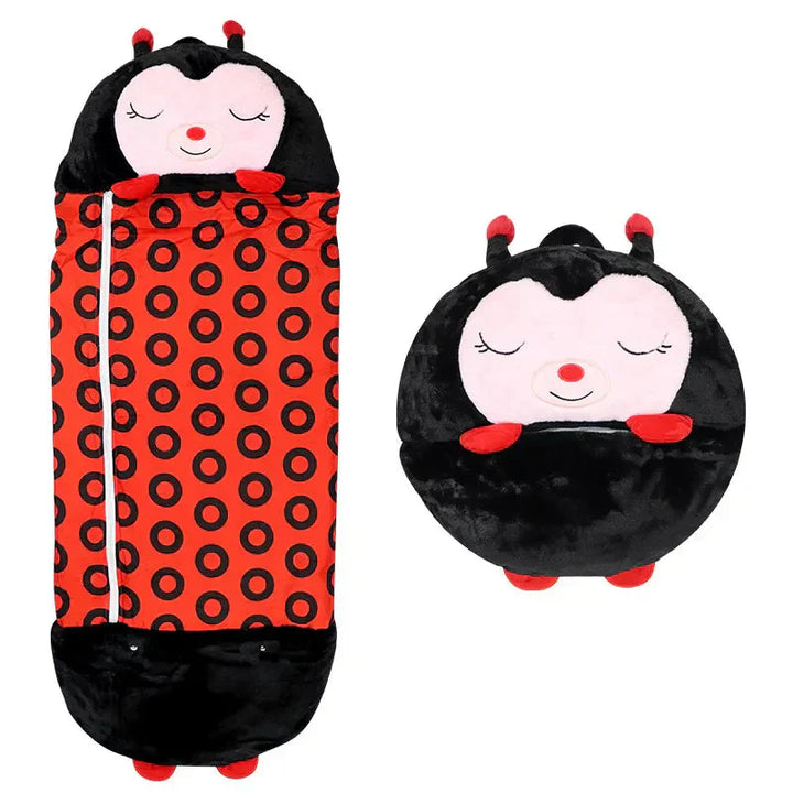 "Kids' SleepyBuddy 2-in-1 sleeping bag & plush toy in cat design, soft cozy polyester, perfect for sleepovers & play."