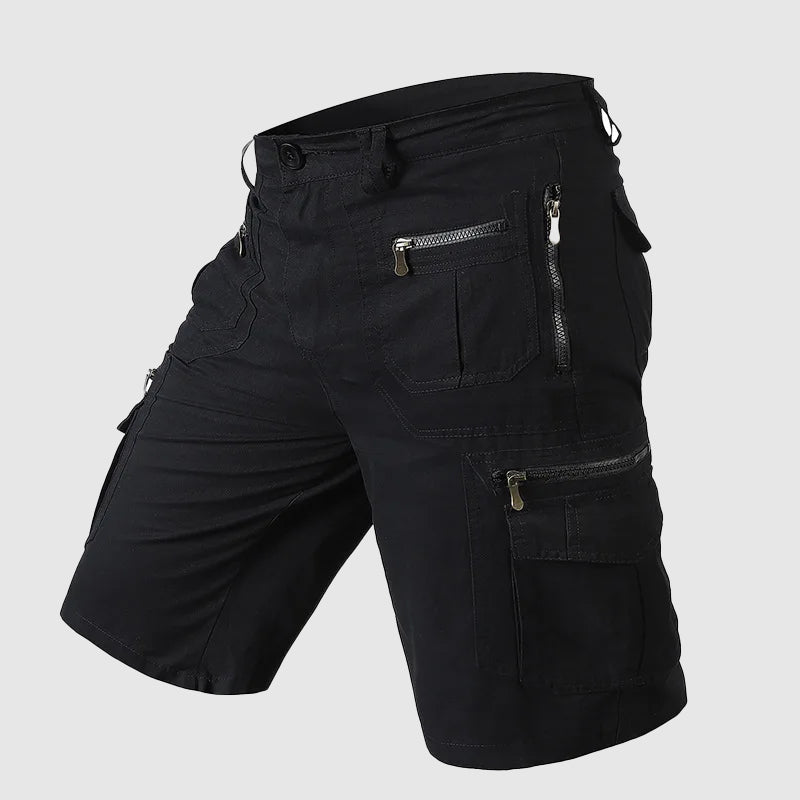 Knee-length men's durable cargo shorts with a rugged look and multiple pockets, ideal for outdoor and casual wear.