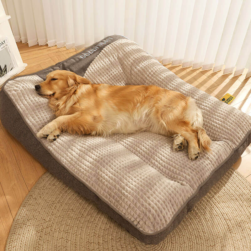 Thick orthopedic dog bed with neck support, perfect for large breeds. Easy-clean washable cover.
