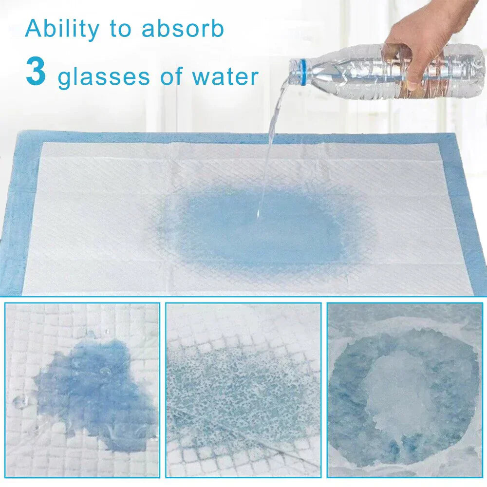 "Leak-proof potty training pads for dogs, featuring multi-layer design and non-slip bottom, shown on clean wooden floor."
