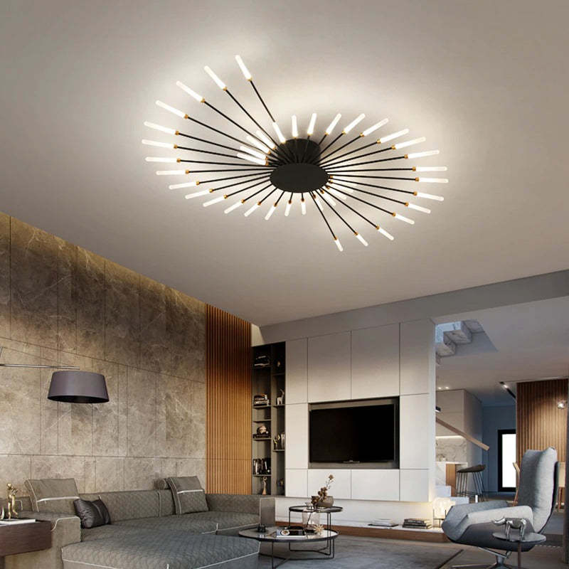 "LED fireworks design modern chandelier; metal ceiling lamp with multiple bulb configurations; black and gold options."