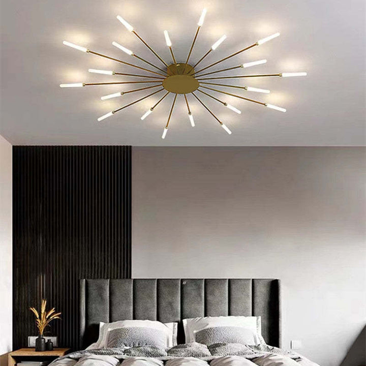 "LED fireworks design modern chandelier; metal ceiling lamp with multiple bulb configurations; black and gold options."